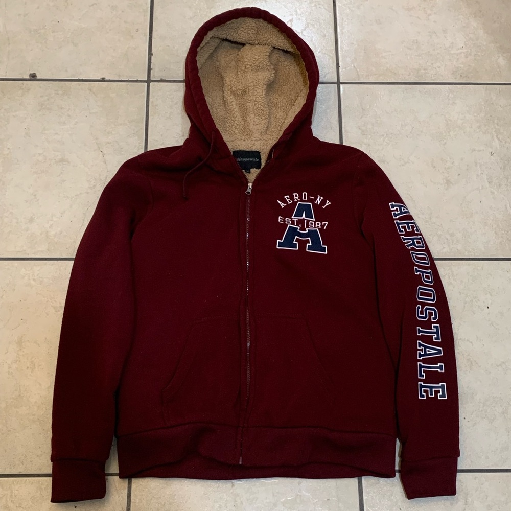 Y2K Aeropostale Fur Wool Zip Up Hoodie Maroon Color Size Large Hoodie Write Out